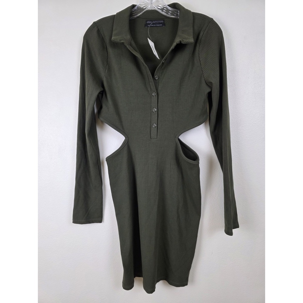 Urban Outfitters‎ Dress Womens M Olive Green Ribbed Collared Cutout Long Sleeves